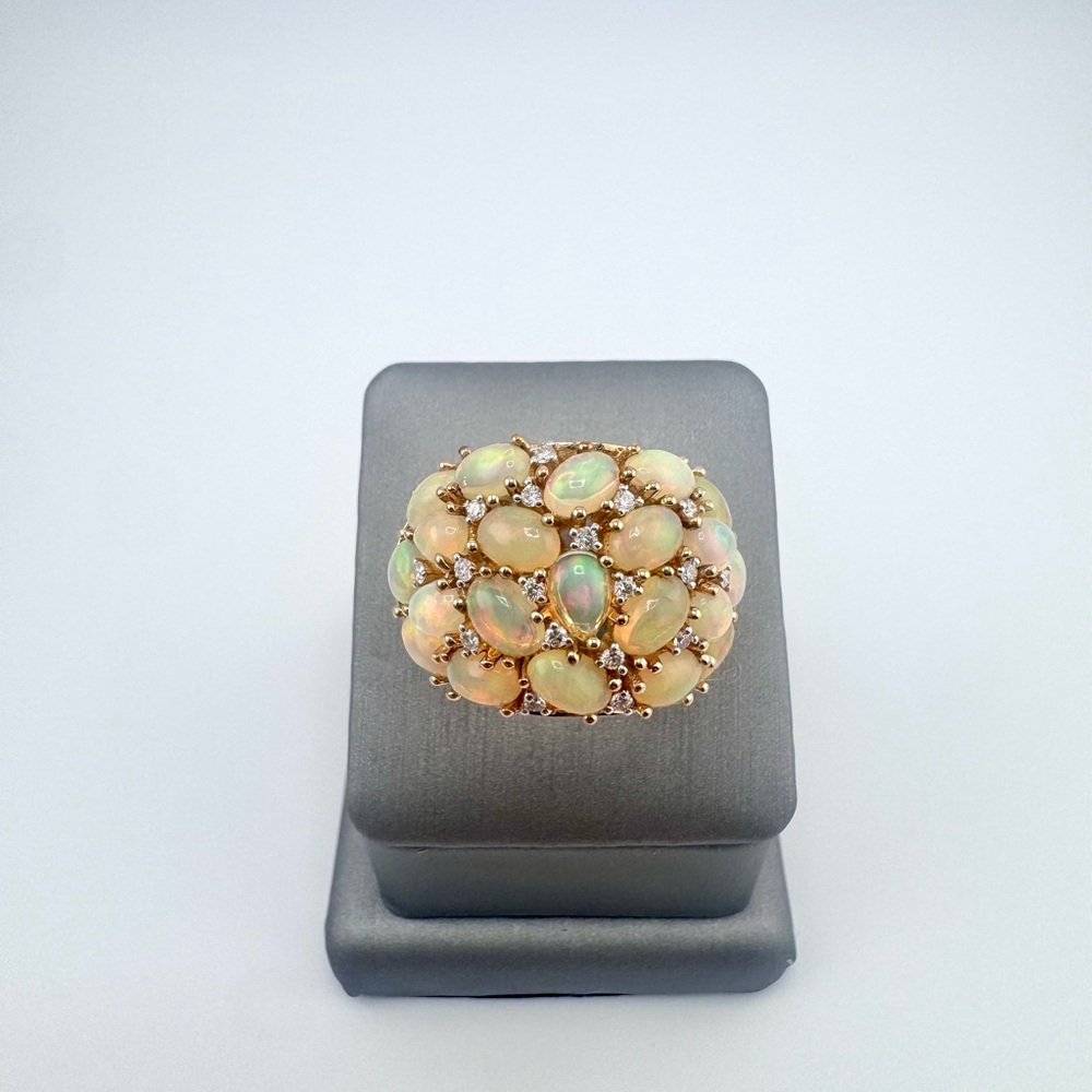 14K Yellow Gold Ring With Prong Set Opals And Diamonds